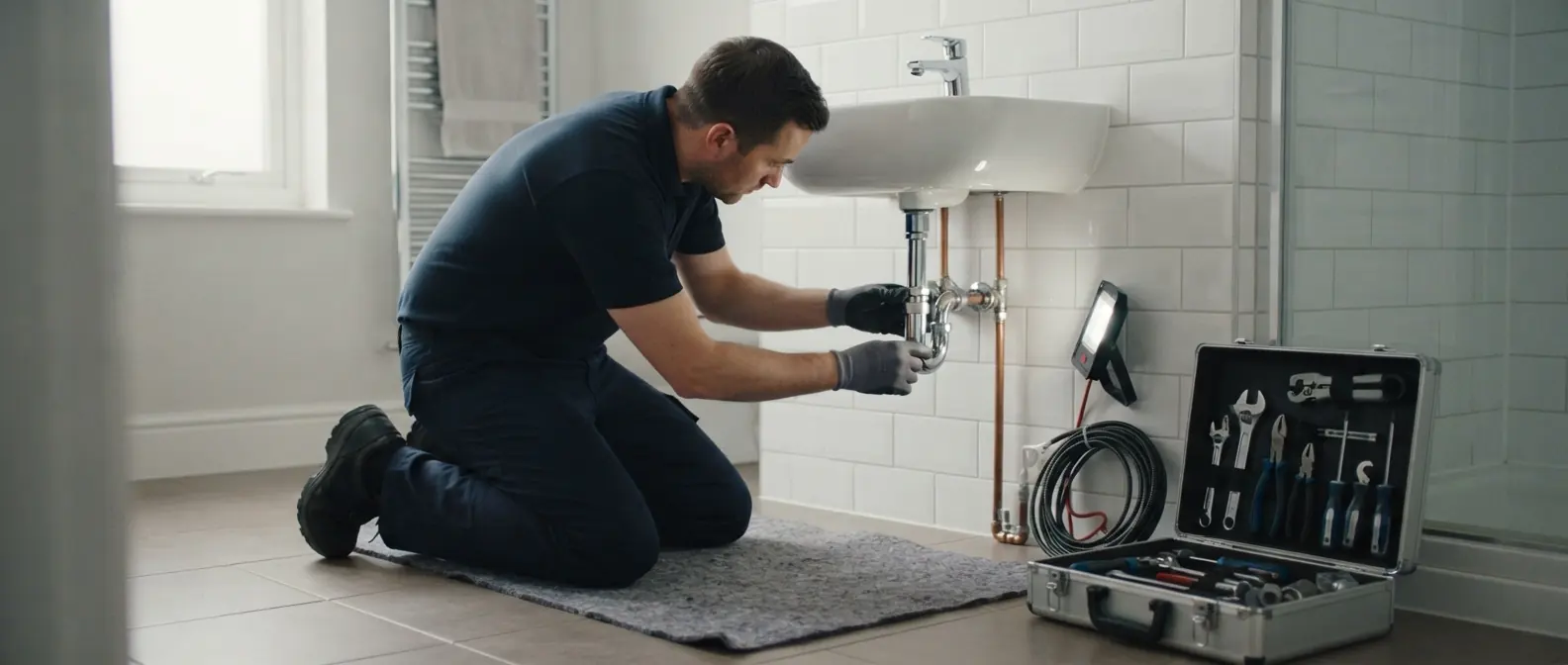 Monteur kniet auf einer Schutzmatte unter einem Waschbecken und zieht die Verschraubung am Siphon nach, daneben der geöffnete Werkzeugkoffer.