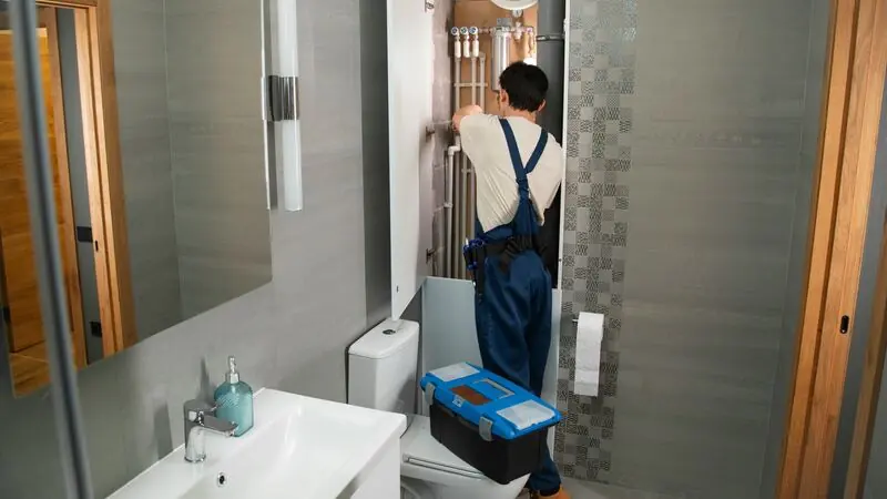 Monteur arbeitet an der geöffneten Vorwandinstallation hinter der Toilette, der Werkzeugkoffer steht daneben.